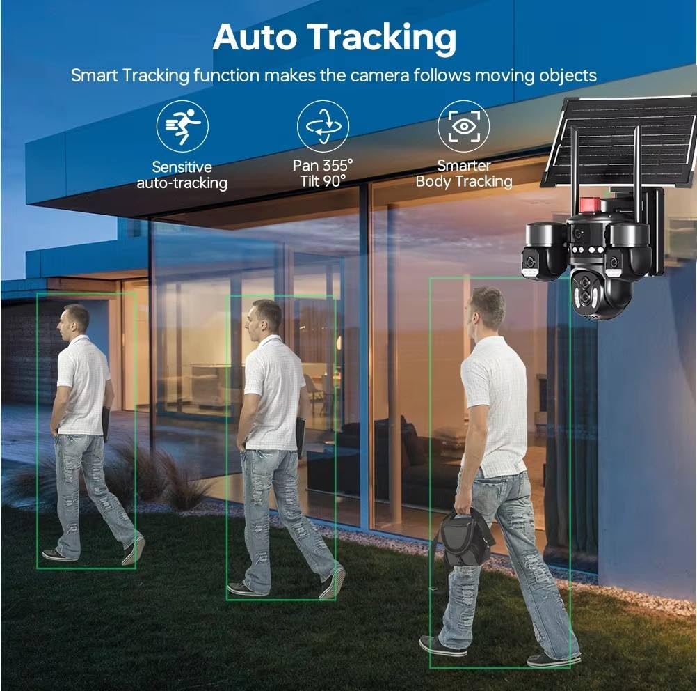 AHUJA INTERNATIONAL SIM 4 Solar CCTV Camera 4 Lens 4G/5G SIM Enabled Wireless Security Camera, 360° View, 4-Way Audio, Night Vision, Human Detection, IP66
