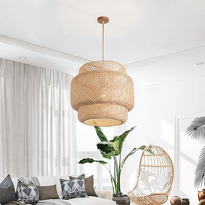 AHUJA  INTERNATIONAL Woven Bamboo Pendant Light Creative Lamp Retro Style Modern Design Beige