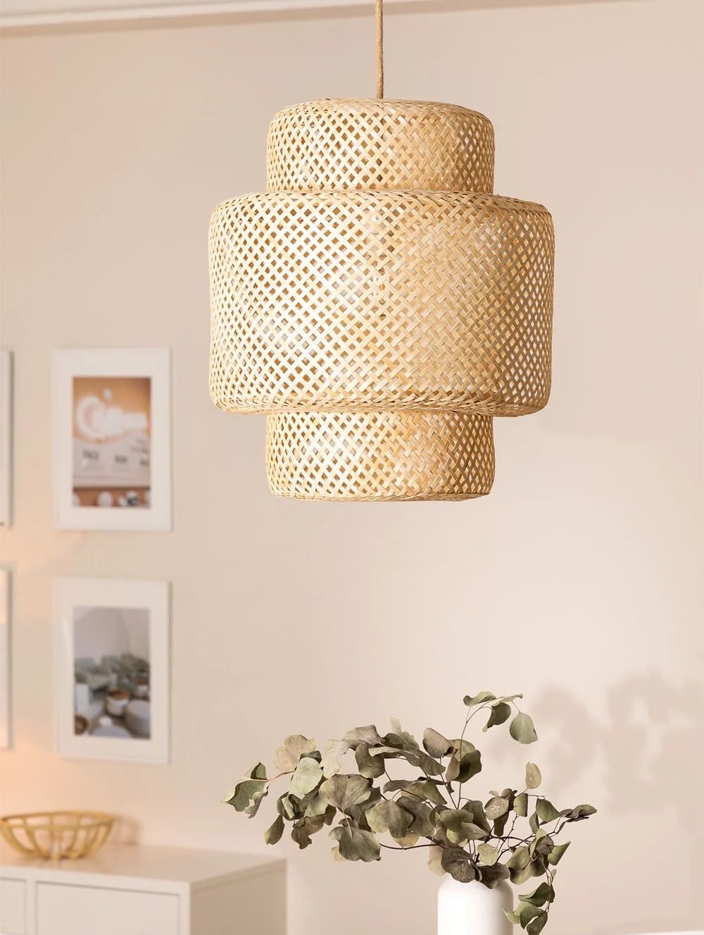 AHUJA  INTERNATIONAL Woven Bamboo Pendant Light Creative Lamp Retro Style Modern Design Beige