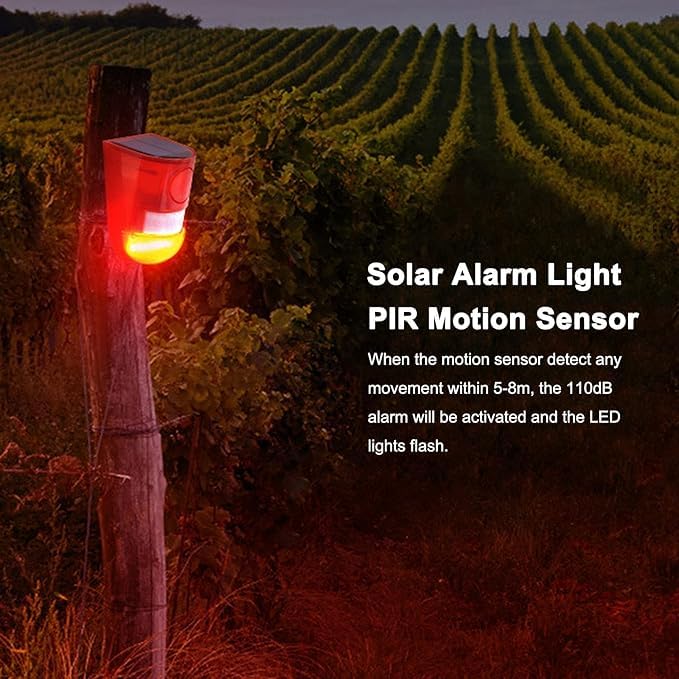 Ahuja International Solar Motion Sensor Loud Security Alarm Siren with Strobe Light, 129dB 4 Modes, IP65 Outdoor Detector, Flashing Red Warning Light for Home, Farm, Warehouse, Garden Pack of 1