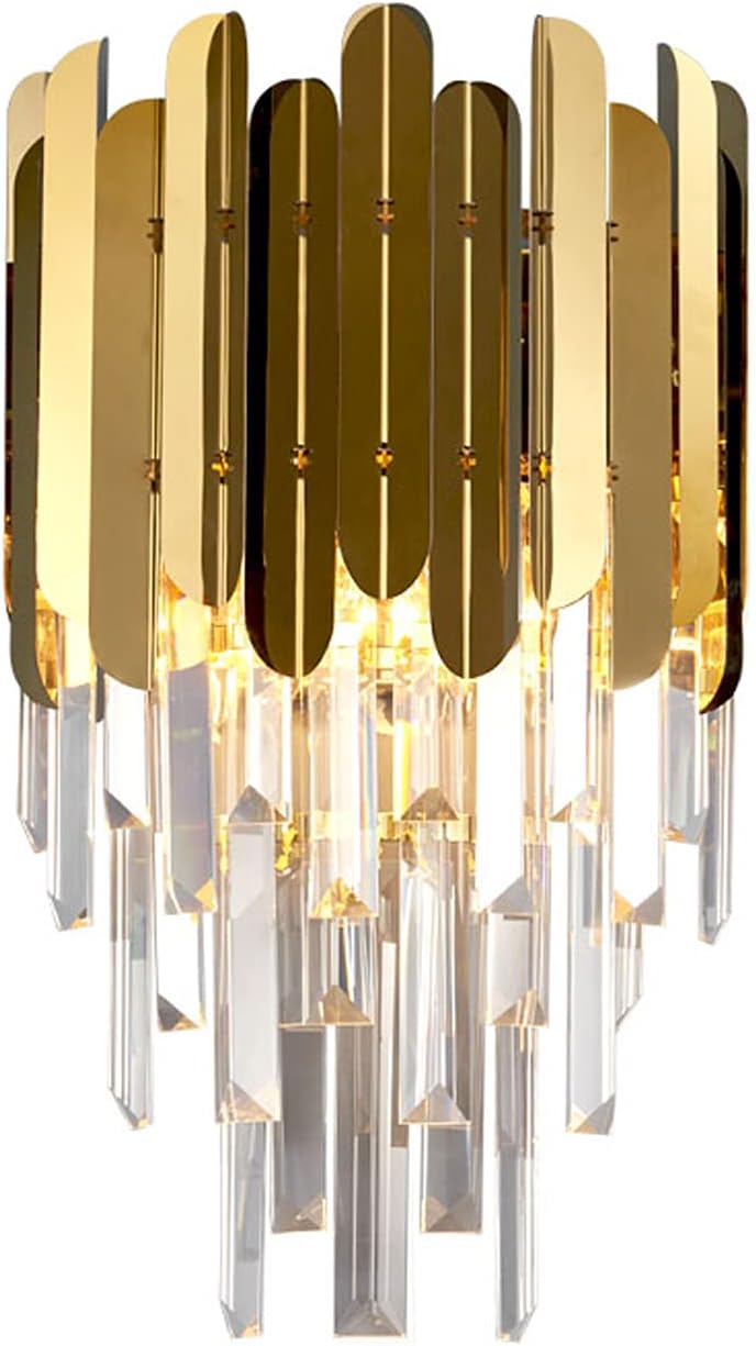 Ahuja International Postmodern Crystal Wall Lamp with 3 Tiered Clear Crystal,Golden Mirror Stainless Steel Wall Light