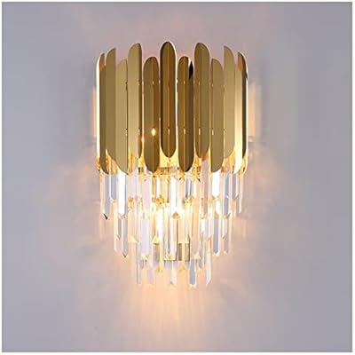 Ahuja International Postmodern Crystal Wall Lamp with 3 Tiered Clear Crystal,Golden Mirror Stainless Steel Wall Light