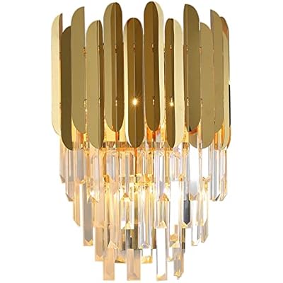 Ahuja International Postmodern Crystal Wall Lamp with 3 Tiered Clear Crystal,Golden Mirror Stainless Steel Wall Light