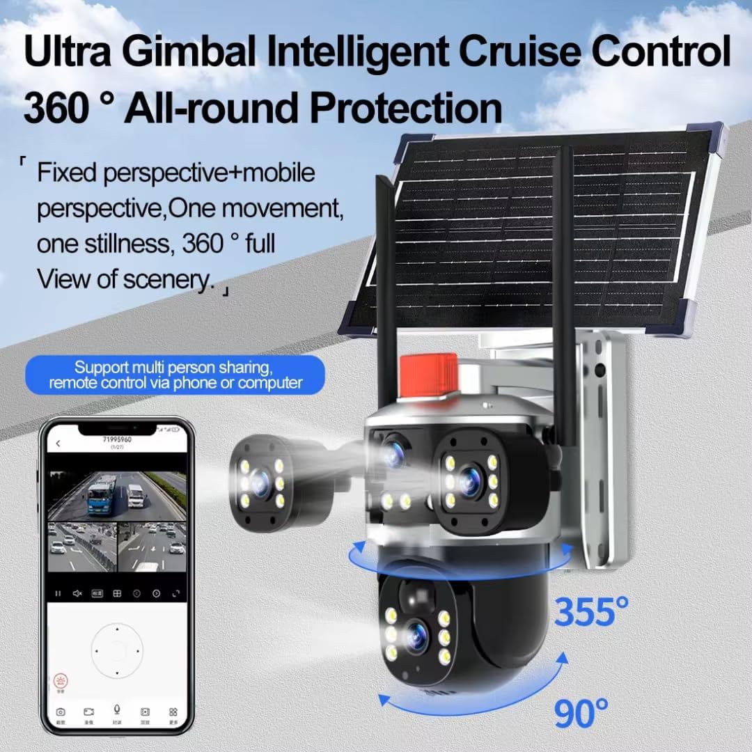 AHUJA INTERNATIONAL Eye WiFi 3 View Solar Double Dual Lens 4G/5G Solar CCTV Camera Wireless 2MP+2MP PTZ Security with Night Vision, Human Detection, 2-Way Audio, V380 Pro App, 128GB Support, IP66