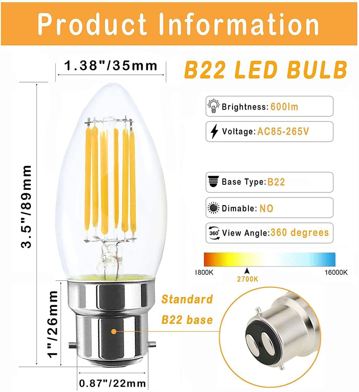AHUJA INTERNATIONAL Antique Retro Candle Dimmable Vintage Edison Light Bulb 6W Bulb for Chandelier,decorative, jhummar, Cafe Lights Bulb Clear Glass ,Warm & Yellow Pack of 1