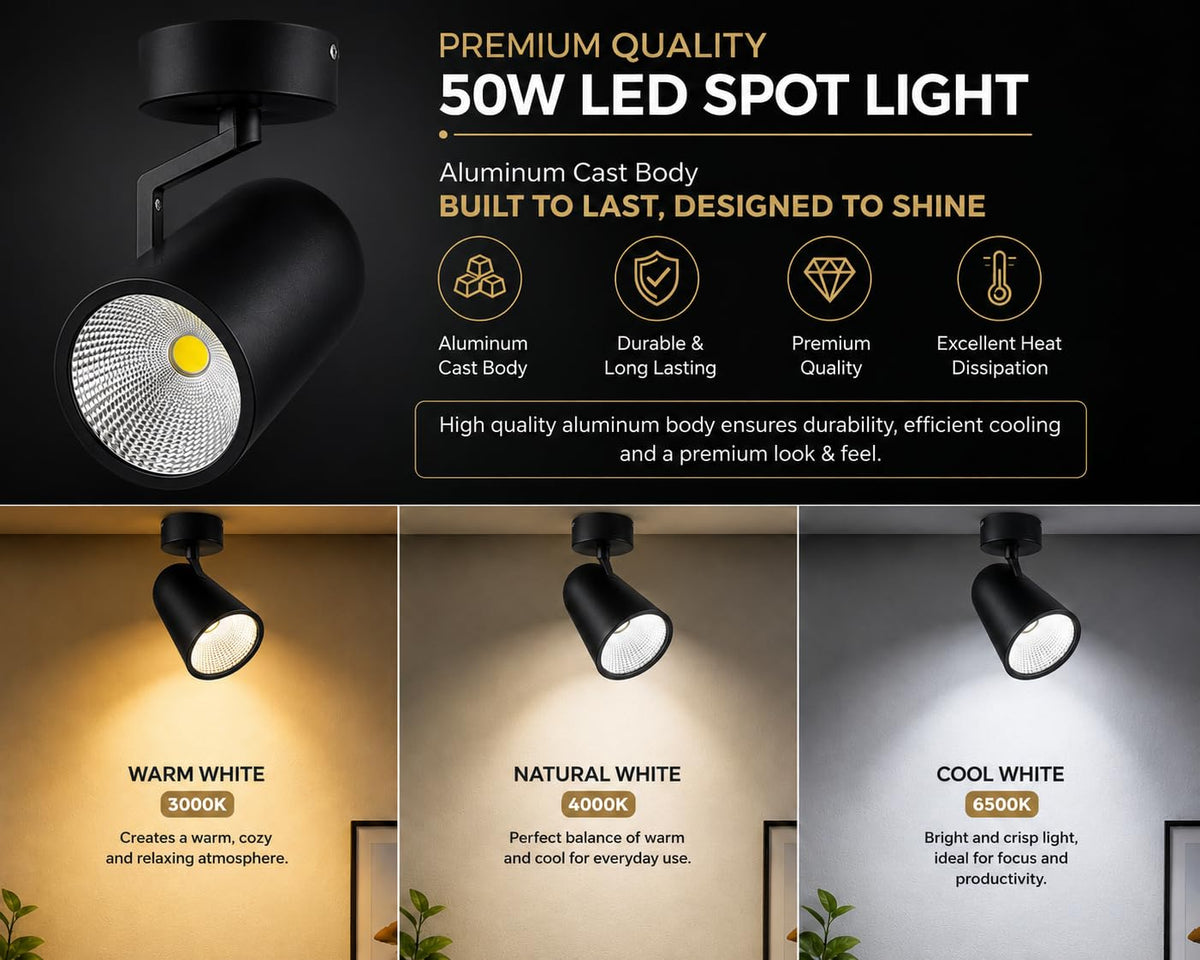 AHUJA INTERNATIONAL 50W COB Wall Spot Light for Home 360° Adjustable Rotatable Focus Track Light Cylindrical Wall Mounted Spotlight for Bedroom Display, Black Body 2-Year Warranty , Pack of 1