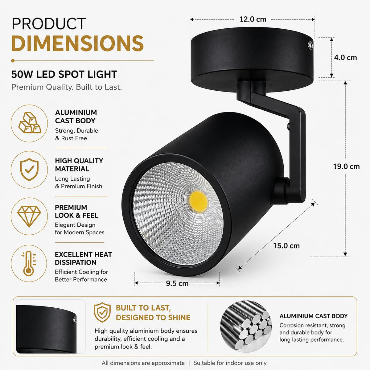 AHUJA INTERNATIONAL 50W COB Wall Spot Light for Home 360° Adjustable Rotatable Focus Track Light Cylindrical Wall Mounted Spotlight for Bedroom Display, Black Body 2-Year Warranty , Pack of 1