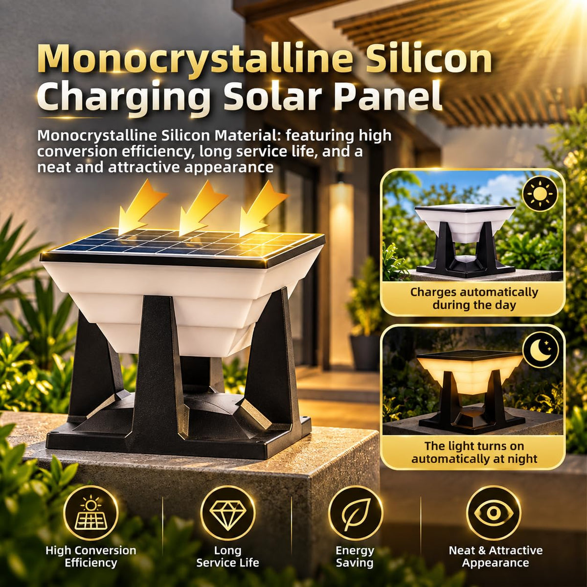 AHUJA INTERNATIONAL Moonlight Solar Gate Light for Outdoor 3 Colour Modes Pillar Light, IP65 Waterproof, Auto On/Off Dusk to Dawn, Wireless Solar Lamp for Gate Post, Boundary Wall, Garden, Balcony Pack of 1