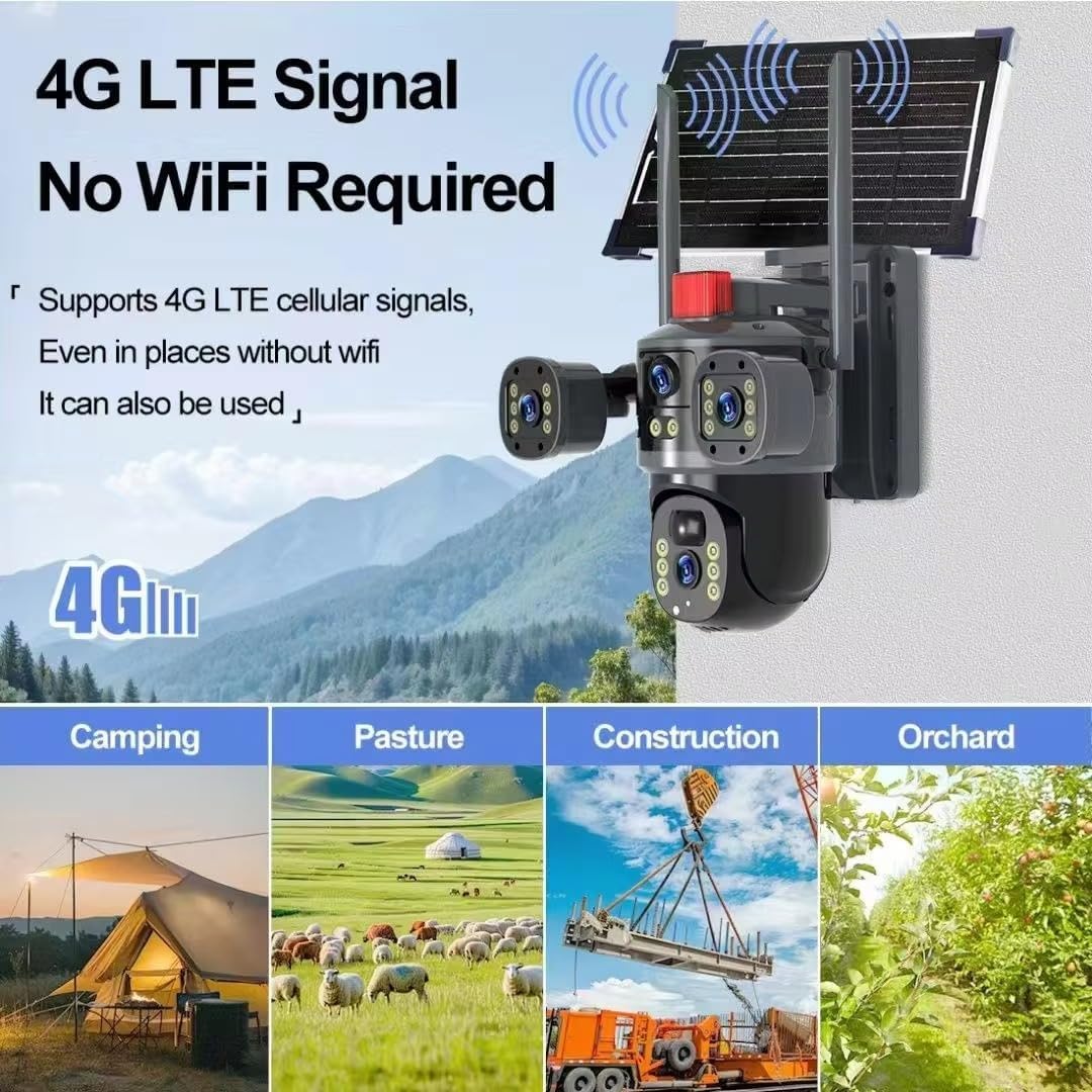 AHUJA INTERNATIONAL Eye WiFi 3 View Solar Double Dual Lens 4G/5G Solar CCTV Camera Wireless 2MP+2MP PTZ Security with Night Vision, Human Detection, 2-Way Audio, V380 Pro App, 128GB Support, IP66