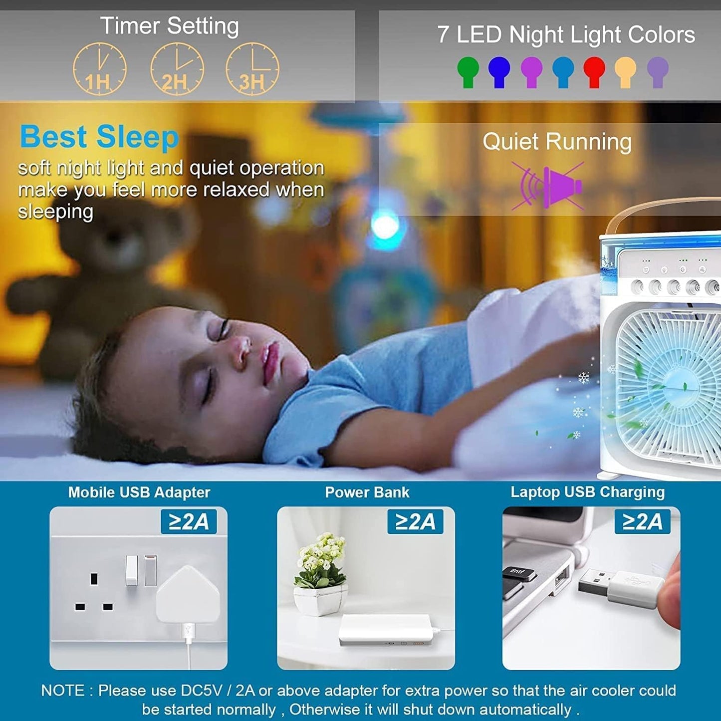 Ahuja International Mini Air Cooler, USB Desk Fan, Personal Evaporative Cooler with 7 Colors Light, 1/2/3 H Timer, 3 Wind Speeds and 3 Spray Modes for Office, Home, Travel Mini Fan