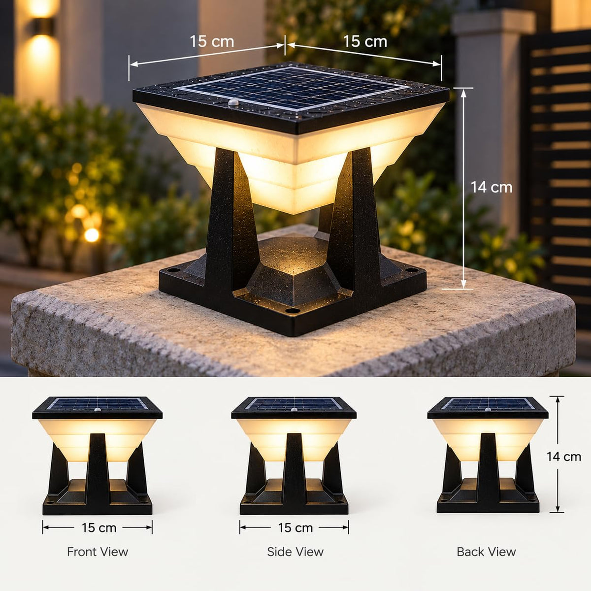 AHUJA INTERNATIONAL Moonlight Solar Gate Light for Outdoor 3 Colour Modes Pillar Light, IP65 Waterproof, Auto On/Off Dusk to Dawn, Wireless Solar Lamp for Gate Post, Boundary Wall, Garden, Balcony Pack of 1