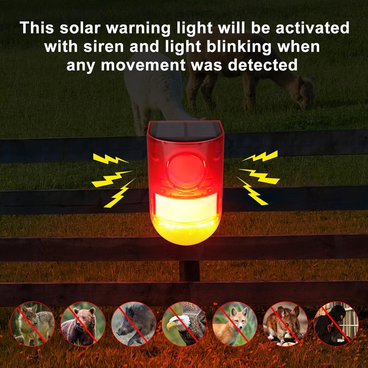 Ahuja International Solar Motion Sensor Loud Security Alarm Siren with Strobe Light, 129dB 4 Modes, IP65 Outdoor Detector, Flashing Red Warning Light for Home, Farm, Warehouse, Garden Pack of 1