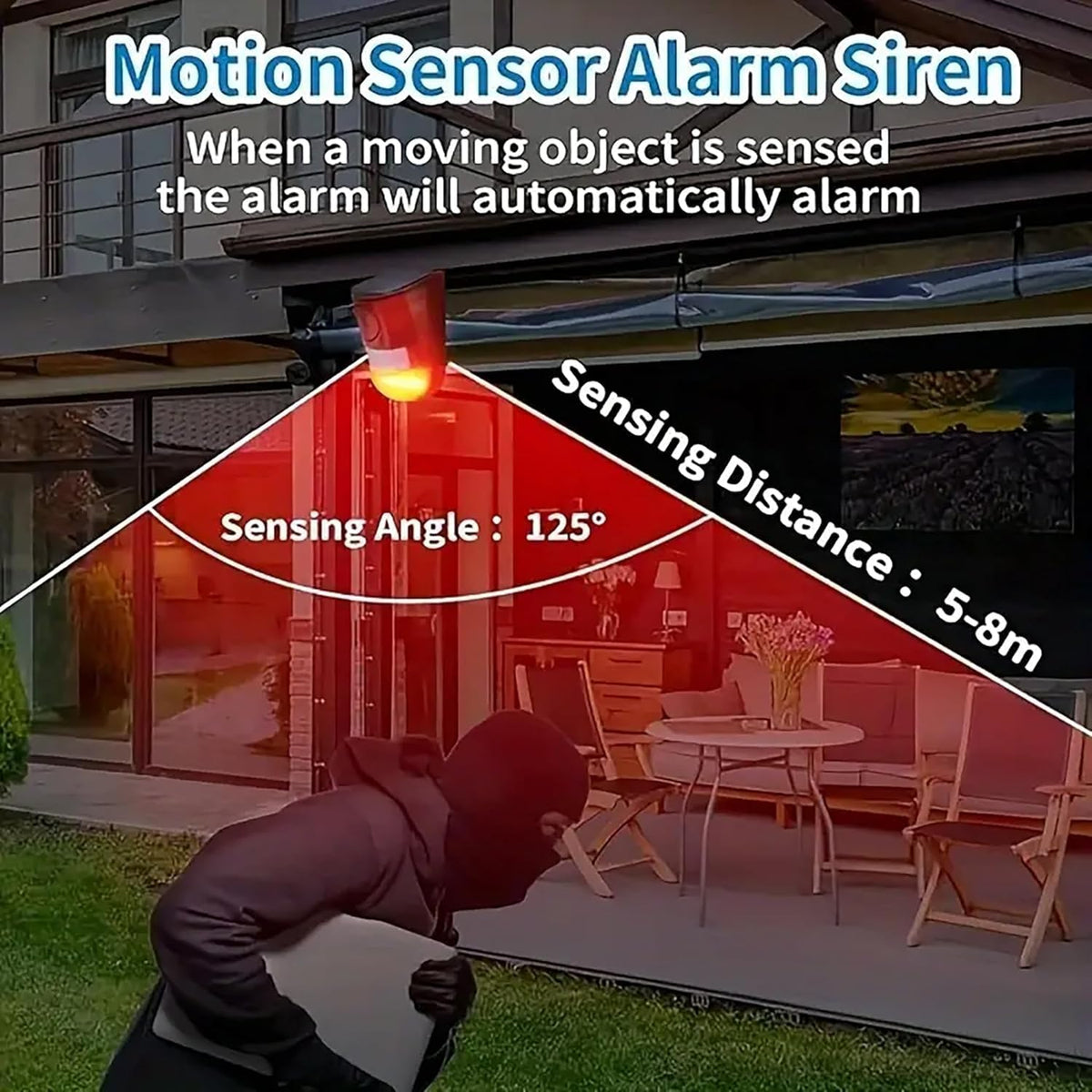 Ahuja International Solar Motion Sensor Loud Security Alarm Siren with Strobe Light, 129dB 4 Modes, IP65 Outdoor Detector, Flashing Red Warning Light for Home, Farm, Warehouse, Garden Pack of 1