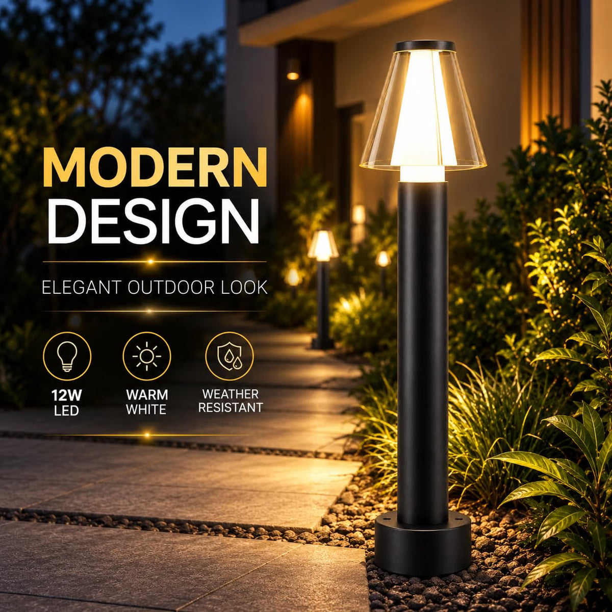 AHUJA INTERNATIONAL 12W Bollard Light 2 Feet Outdoor Garden Pathway Light Warm White Decorative Post Light for Lawn, Walkway, Driveway & Landscape IP65 Weather Resistant (2-Year Warranty)