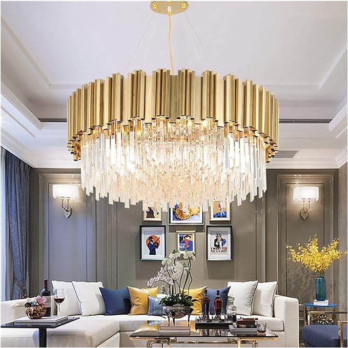 AHUJA INTERNATIONAL LED Chandeliers, LED Postmodern Round Golden Stainless Steel Crystal Chandelier Lighting Lustre Suspension Luminaire Lampen Compatible with Dinning Room,Ceiling Chandelier