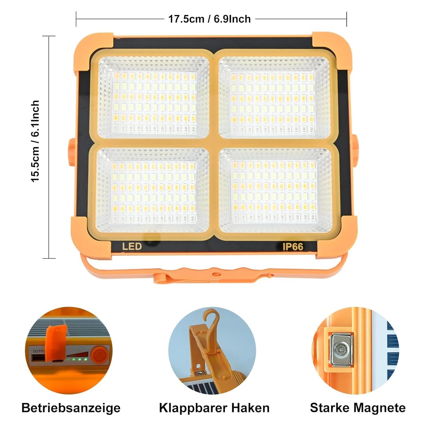 AHUJA INTERNATIONAL Solar Light - Portable Flood Light with Solar Powered & USB Battery Rechargeable 5 Modes Portable Camping Lamp - Ideal for Hurricane, Garage, Fishing, Emergency