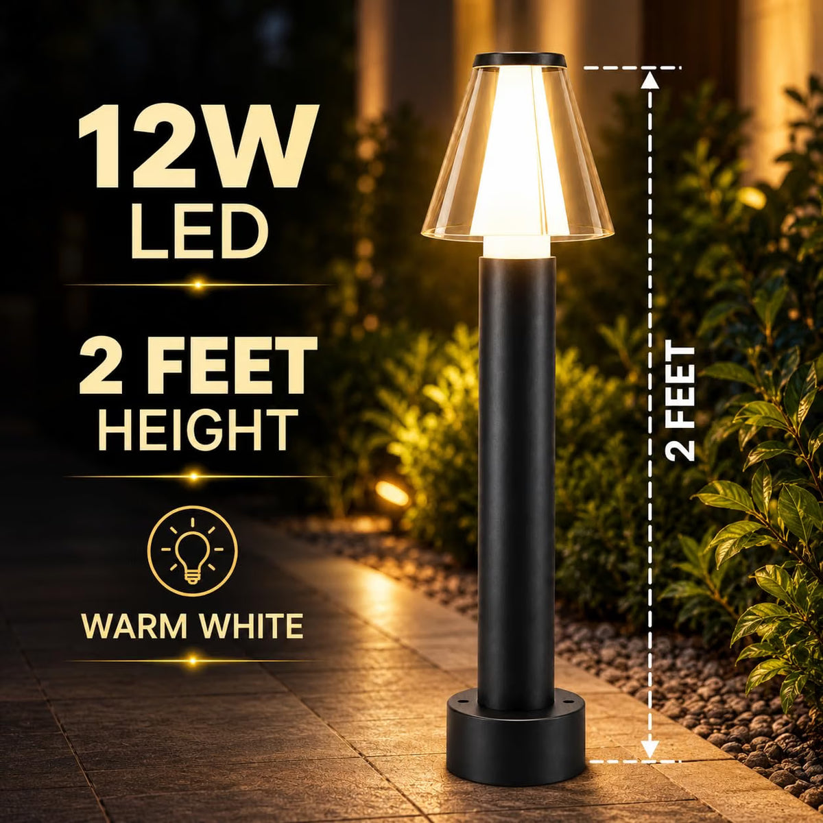 AHUJA INTERNATIONAL 12W Bollard Light 2 Feet Outdoor Garden Pathway Light Warm White Decorative Post Light for Lawn, Walkway, Driveway & Landscape IP65 Weather Resistant (2-Year Warranty)