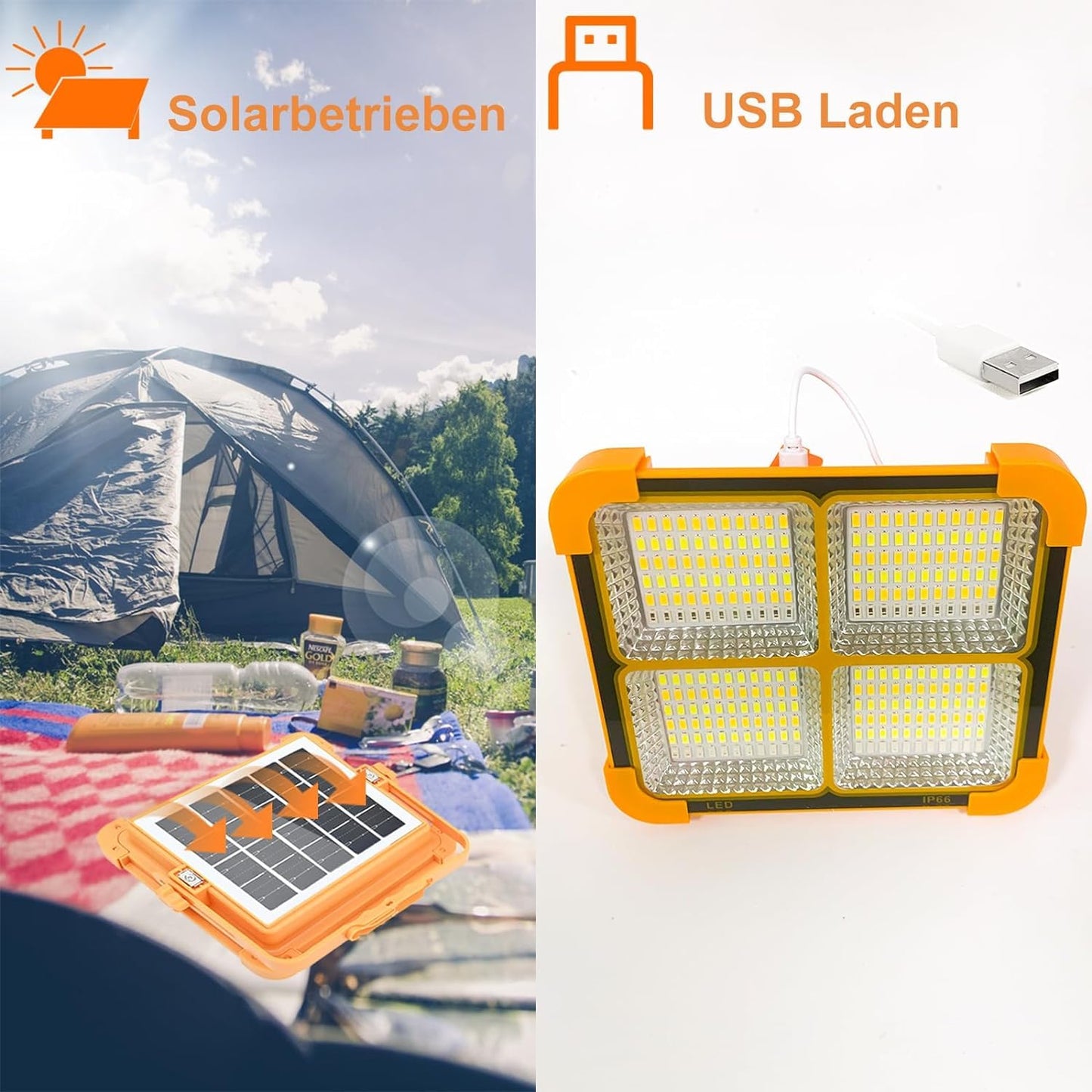 AHUJA INTERNATIONAL Solar Light - Portable Flood Light with Solar Powered & USB Battery Rechargeable 5 Modes Portable Camping Lamp - Ideal for Hurricane, Garage, Fishing, Emergency