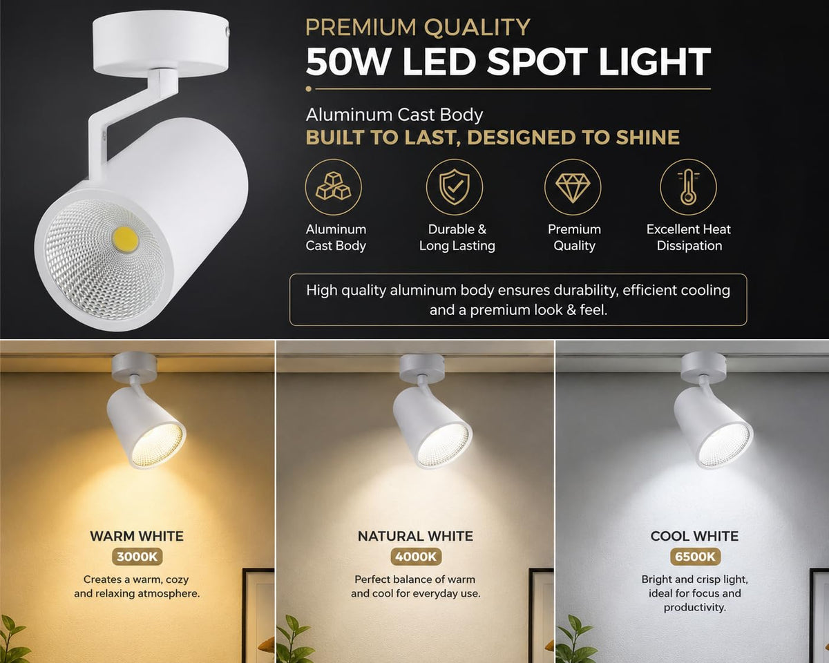 AHUJA INTERNATIONAL 50W COB Wall Spot Light for Home 360° Adjustable Rotatable Focus Track Light Cylindrical Wall Mounted Spotlight for Bedroom Display, White Body 2-Year Warranty , Pack of 1
