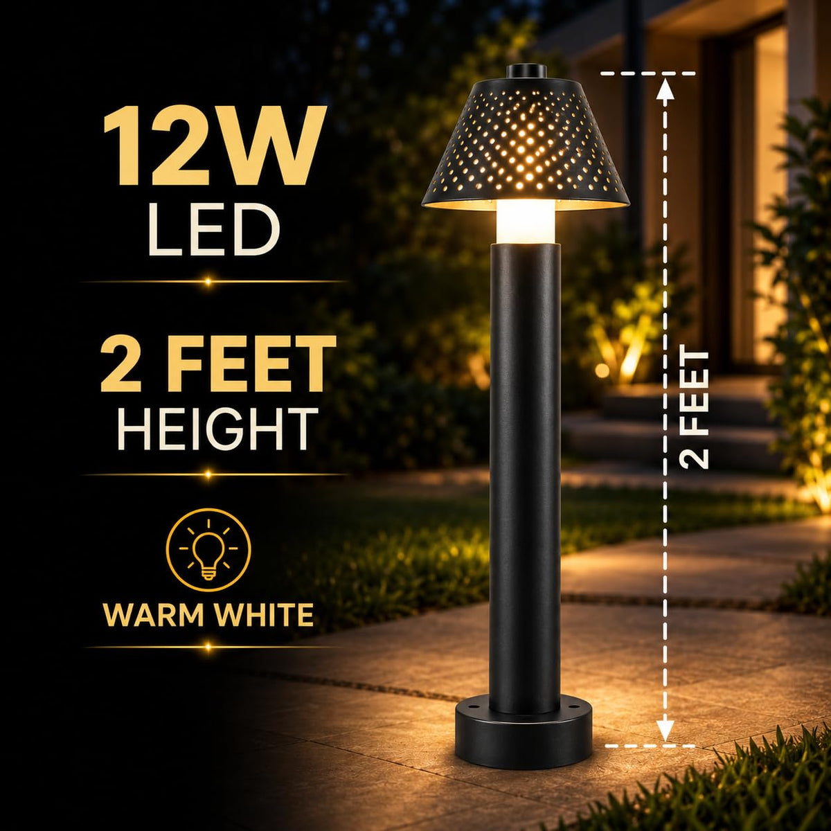AHUJA INTERNATIONAL 12W Bollard Light 2 Feet Outdoor Garden Pathway Light Warm White Decorative Post Light for Lawn, Walkway, Driveway & Landscape IP65 Weather Resistant (2-Year Warranty)