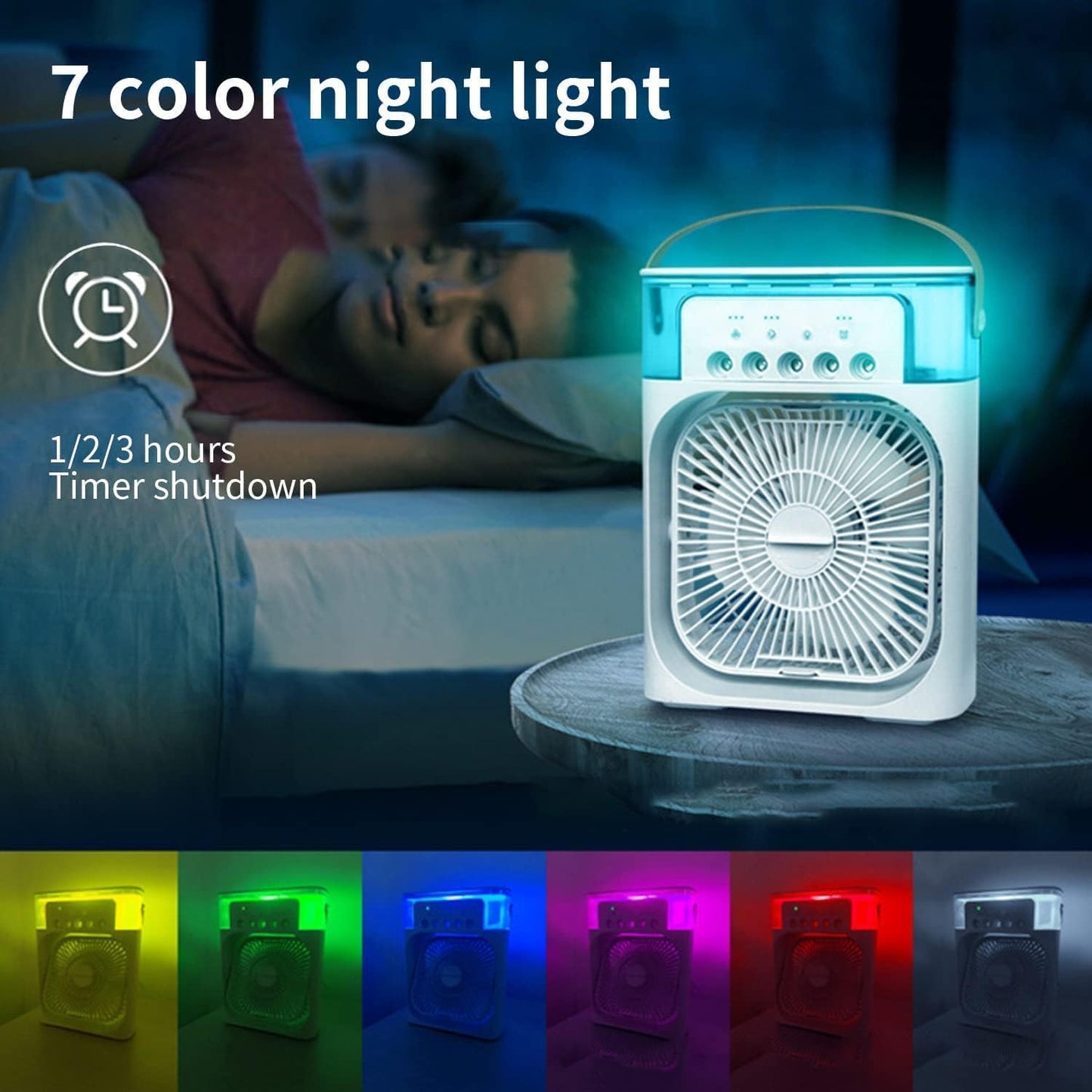 Ahuja International Mini Air Cooler, USB Desk Fan, Personal Evaporative Cooler with 7 Colors Light, 1/2/3 H Timer, 3 Wind Speeds and 3 Spray Modes for Office, Home, Travel Mini Fan