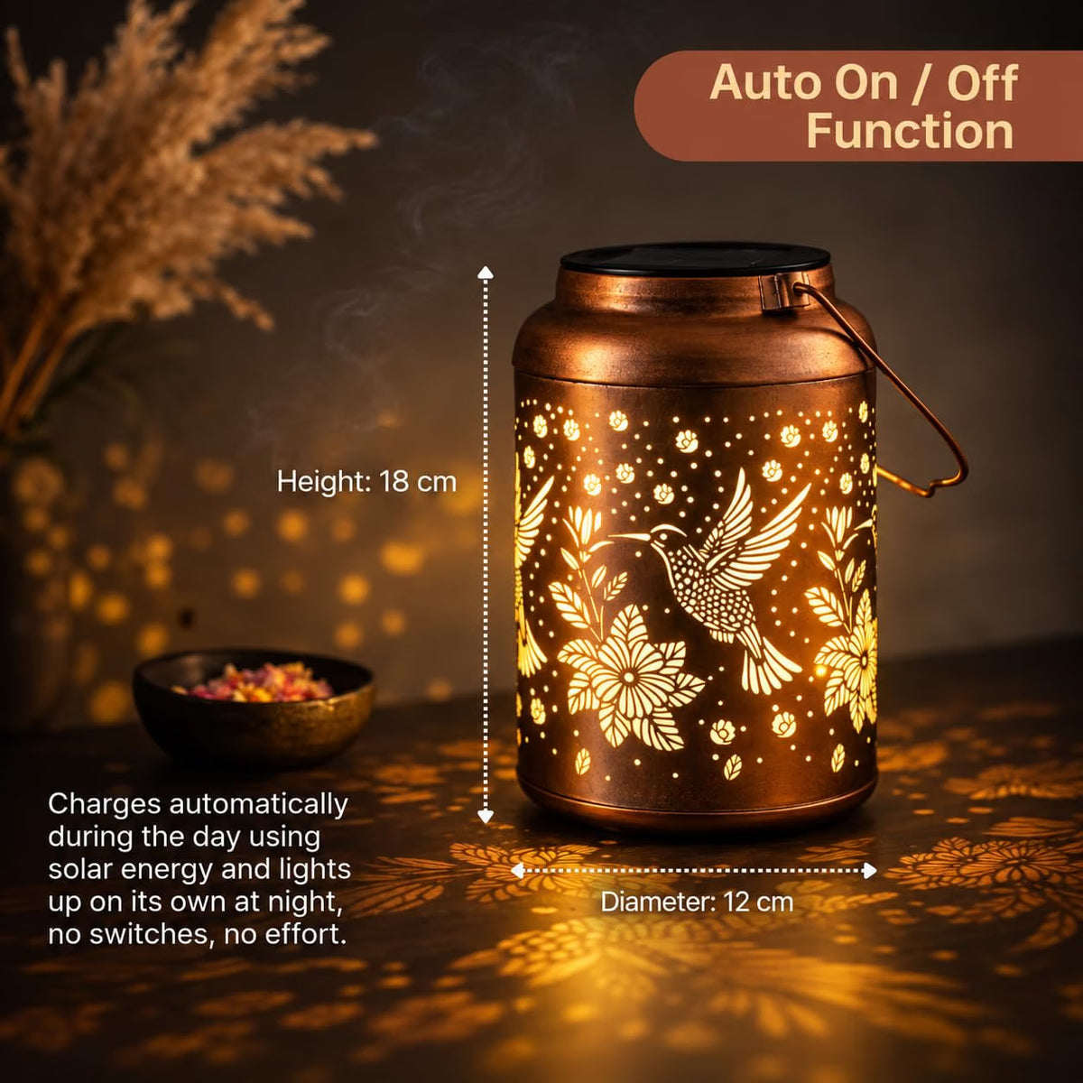 AHUJA INTERNATIONAL Solar Hanging Lantern Outdoor Hummingbird Decorative WaterproofA1 Auto Dusk to Dawn Light for Garden, Balcony, Fence & Pathway, Warm White ( Pack of 1 )
