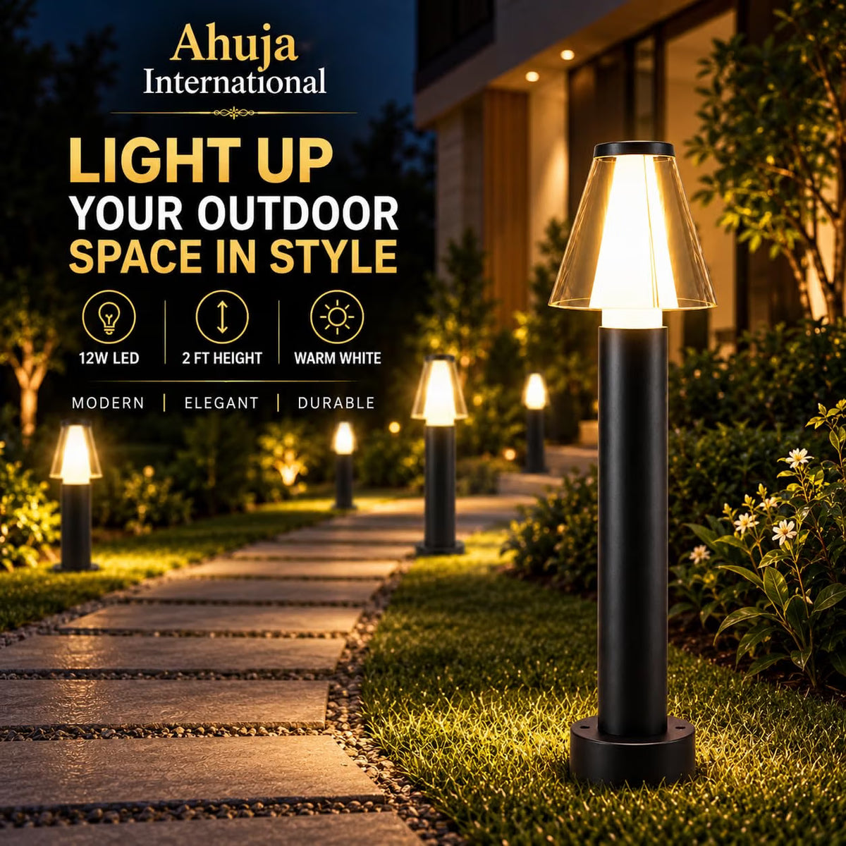 AHUJA INTERNATIONAL 12W Bollard Light 2 Feet Outdoor Garden Pathway Light Warm White Decorative Post Light for Lawn, Walkway, Driveway & Landscape IP65 Weather Resistant (2-Year Warranty)
