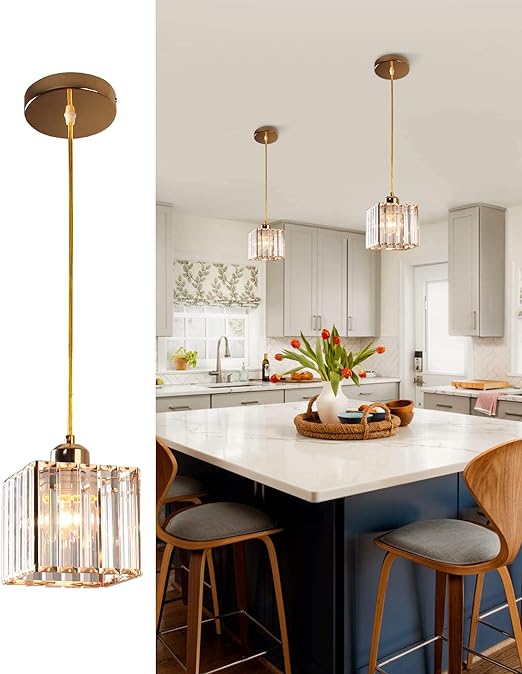 Ahuja International Nordic Hanging Light Metal Pendant Lighting with Crystal Lampshade, Adjustable Height Chandelier, E27 Suspension Lighting Fittings for Kitchen Island Dining Room Mini Gold Pendant Light