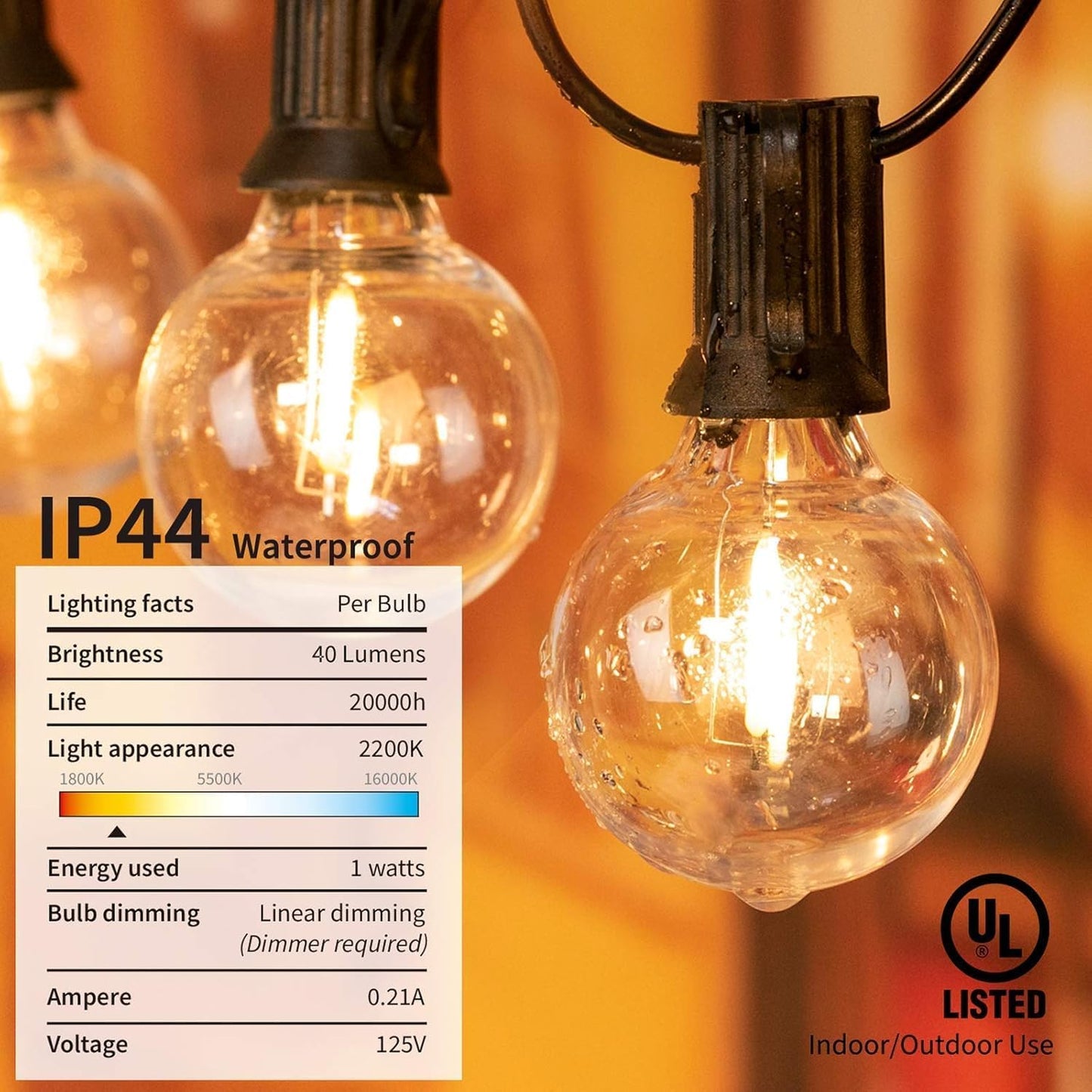 AHUJA INTERNATIONAL 25FT Outdoor Hanging Lights, Plug-in Waterproof Patio Lights with 25 Shatterproof Led Bulbs, Warm White Hanging Light Decor for Backyard Garden Bistro Porch E12 Socket G40 Globe