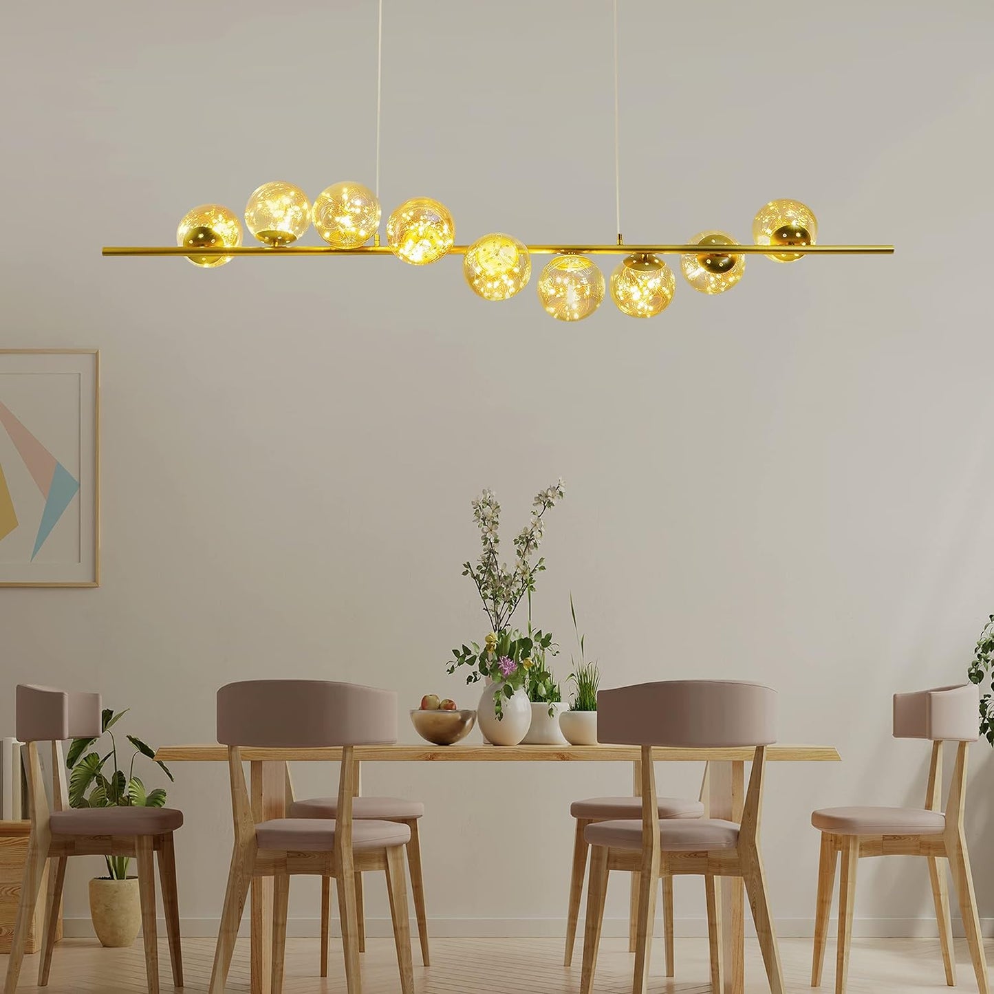 Ahuja international  9-Light Linear Dining Room Island Pendant with Postmodern Metallic Finish and Glass Ball Shades - White Product details