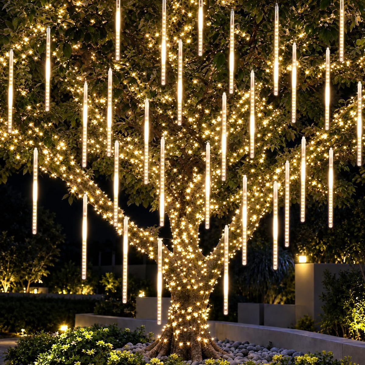AHUJA INTERNATIONAL 18 /40 Inch Meteor Shower Rain Drop Lights 8 Tubes Falling Icicle Waterproof Outdoor & Hanging Decoration Lights for Christmas Diwali Garden Tree Party Warm White Pack of 1