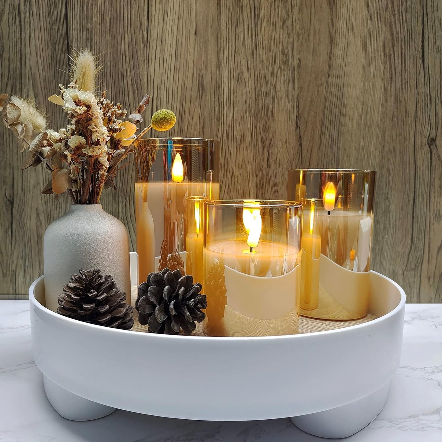 Ahuja International basics Flameless LED Candles with Remote Controller & Timer | Golden Acrylic Fiber Glass | Set of 3 | (Golden)