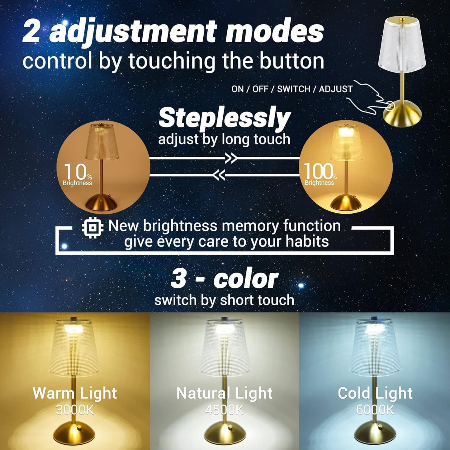 AHUJA INTERNATIONAL Luxury Cordless Bar Table Lamp, Rechargeable, 3 Color Modes & Dimmable LED Touch, Portable Retro Gold Metal Beside Lamps, Home Desk Bedroom Restaurant Outdoor