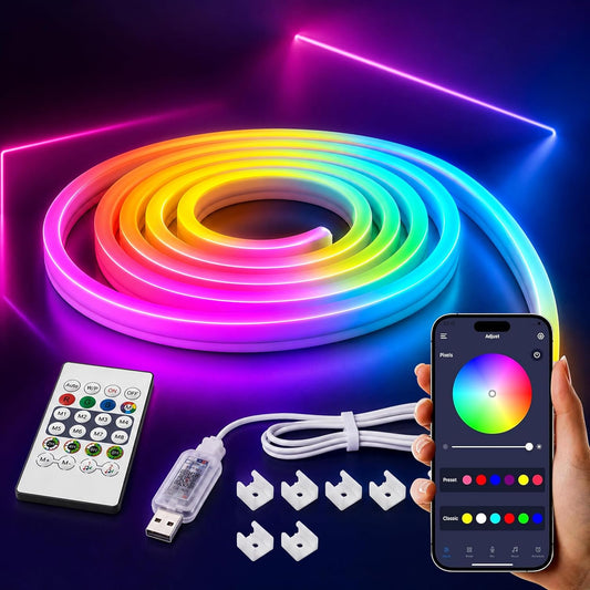 AHUJA INTERNATIONAL USB 5M Smart Neon Rope Light RGB Color Changing Silicone Strip Light with Smart App & IR Music Sync DIY Cuttable Flex for Bedroom Gaming Setup Party Wall Decor Pack of 1