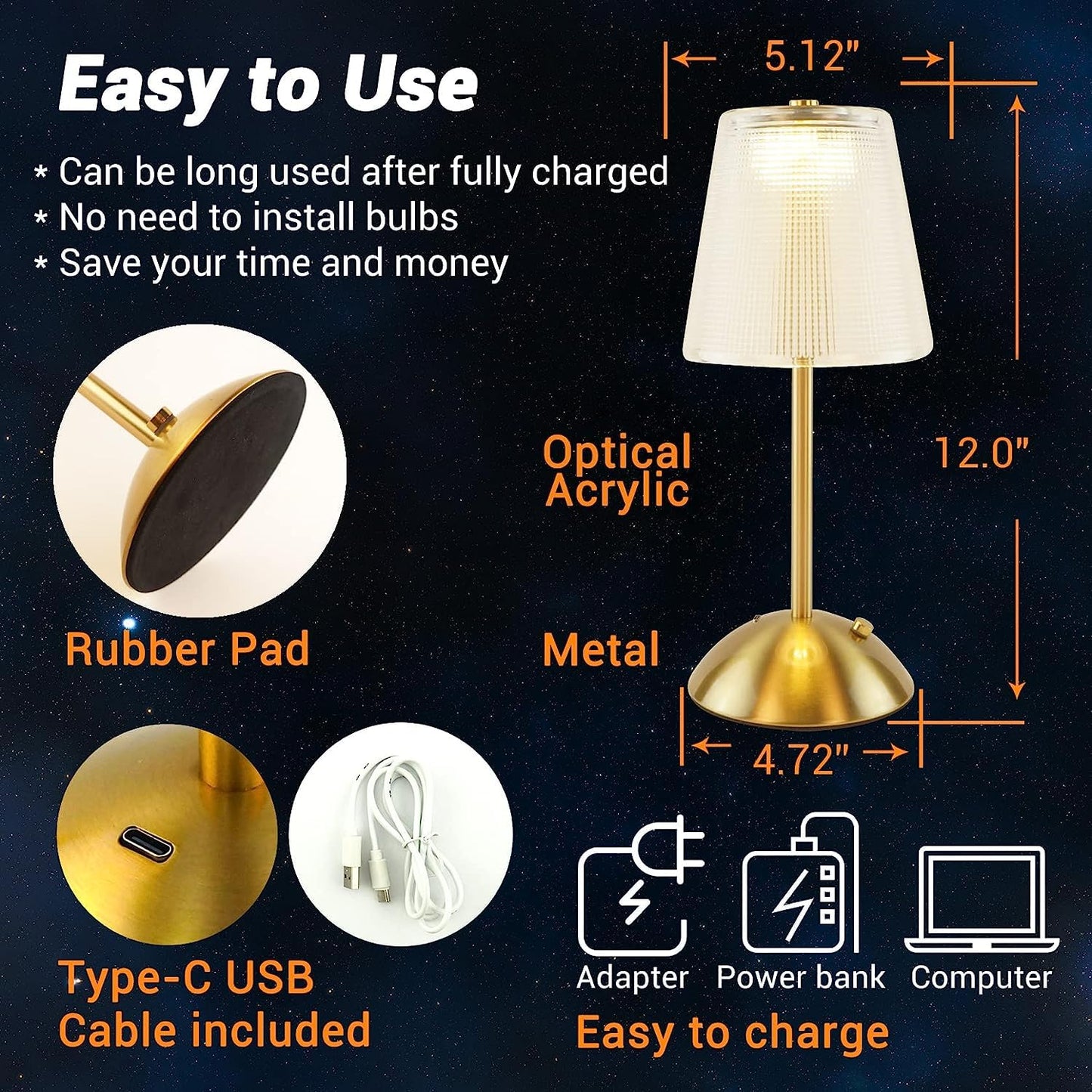 AHUJA INTERNATIONAL Luxury Cordless Bar Table Lamp, Rechargeable, 3 Color Modes & Dimmable LED Touch, Portable Retro Gold Metal Beside Lamps, Home Desk Bedroom Restaurant Outdoor