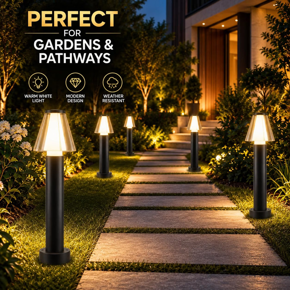 AHUJA INTERNATIONAL 12W Bollard Light 2 Feet Outdoor Garden Pathway Light Warm White Decorative Post Light for Lawn, Walkway, Driveway & Landscape IP65 Weather Resistant (2-Year Warranty)