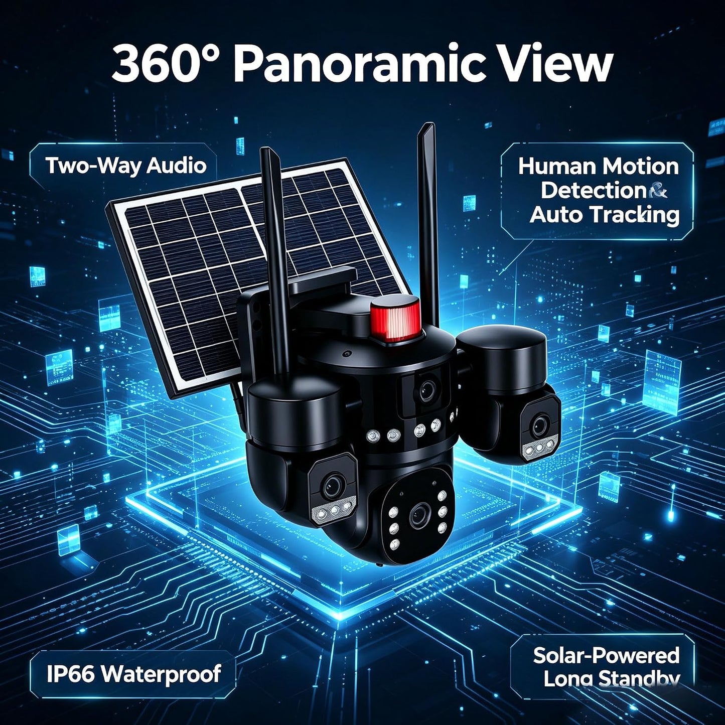 AHUJA INTERNATIONAL SIM 4 Solar CCTV Camera 4 Lens 4G/5G SIM Enabled Wireless Security Camera, 360° View, 4-Way Audio, Night Vision, Human Detection, IP66