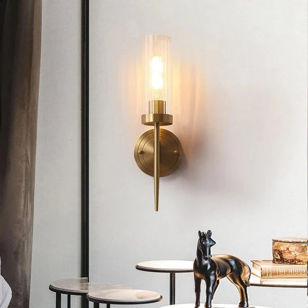 Ahuja International Mashal Light Wall Lamp Modern Gold 2 Light Wall Sconce with Clear Cylindrical Glass Shade Wall Lamp Vintage Brushed Brass Wall Light  lamp