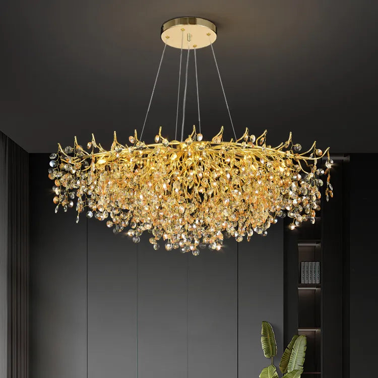 Ahuja International Design Style Modern Long Golden Crystal Chandelier Ceiling Lights Hanging - Warm White