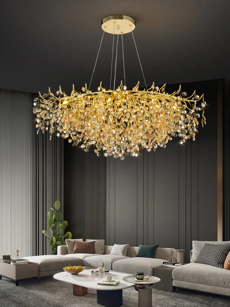 Ahuja International Design Style Modern Long Golden Crystal Chandelier Ceiling Lights Hanging - Warm White