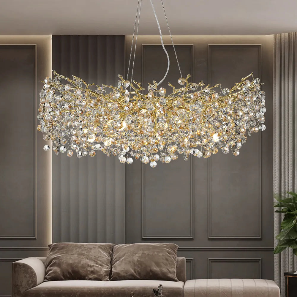 Ahuja International Style Modern Crystal Linear Gold Crystal Branch Chandelier, Luxury Chandelier Living Room Pendant Decorative Lights(1200MM)