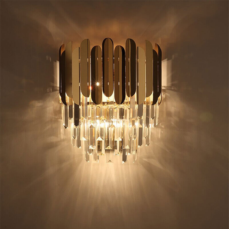 Ahuja International Postmodern Crystal Wall Lamp with 3 Tiered Clear Crystal,Golden Mirror Stainless Steel Wall Light