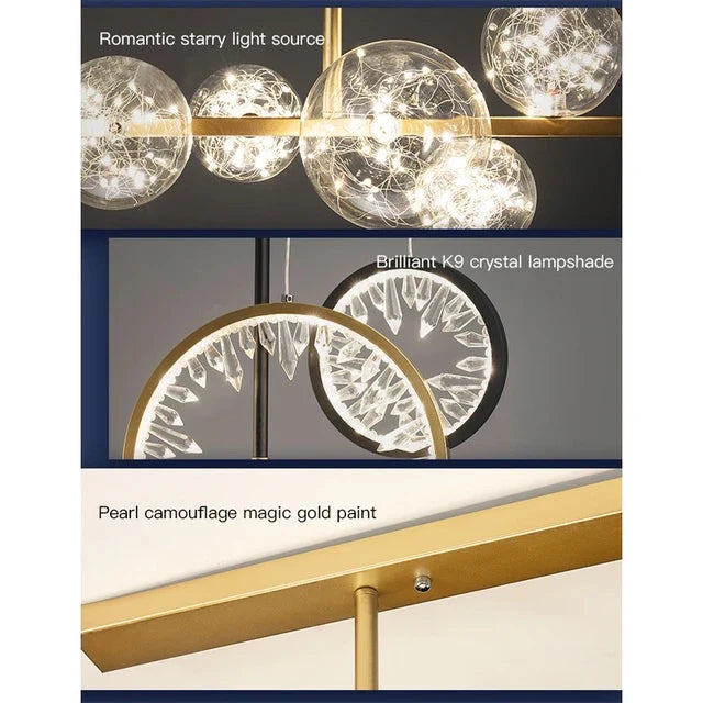 Ahuja international 5 Lights Gold Body Linear Crystal Bubble Glass Ball LED Chandelier Hanging Lamp