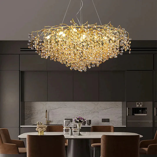 Ahuja International Design Style Modern Long Golden Crystal Chandelier Ceiling Lights Hanging - Warm White