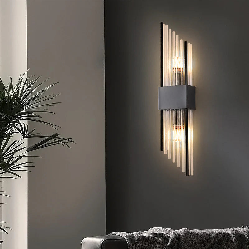 Ahuja International Modern Long Strip Glass Wall Light European Crystal Wall Mount Fixture Stainless Steel Finish Wall Lamp