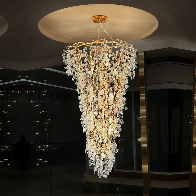 Ahuja International Modern The Metal LED Tree Chandelier Hanging Suspension Lamp Gold Crystal Chandelier Luxurious Chandeliers Lights Long Stairway Hall Home Indoor Lighting