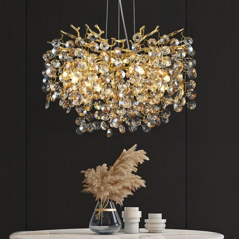 Ahuja International Style Modern Long Crystal Glass Gold Metal LED Chandelier For Dining Room, Living Room, Bedroom Hanging Lamp - Warm White