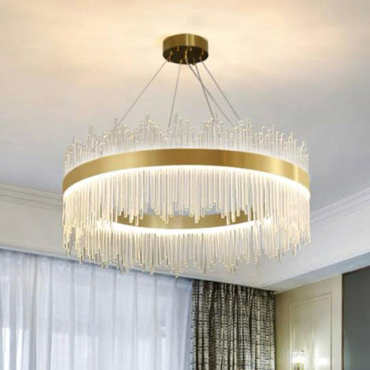 AHUJA INTERNATIONAL Raindrop Luxury Crystal Round LED Pendant Lamp Gold Chandelier Ceiling Light