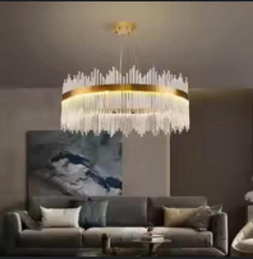 AHUJA INTERNATIONAL Raindrop Luxury Crystal Round LED Pendant Lamp Gold Chandelier Ceiling Light