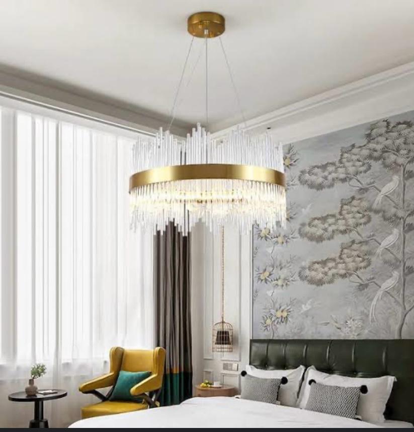 AHUJA INTERNATIONAL Raindrop Luxury Crystal Round LED Pendant Lamp Gold Chandelier Ceiling Light